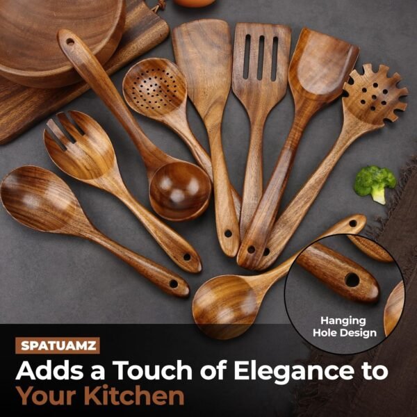 Natural Teak Wood Kitchen Utensil Set, Set of 9 Wooden Spoons for Cooking, Great Gift Cooking Spoons for Kitchen Essential Tools - Image 5