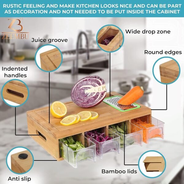 Bamboo Cutting Board With Containers and Mats for Quick Meal Prep. Sturdy and Multifunctional Chopping Board with Stackable Containers for Easy Storage. Great Gift for Cooking Enthusiast. - Image 7