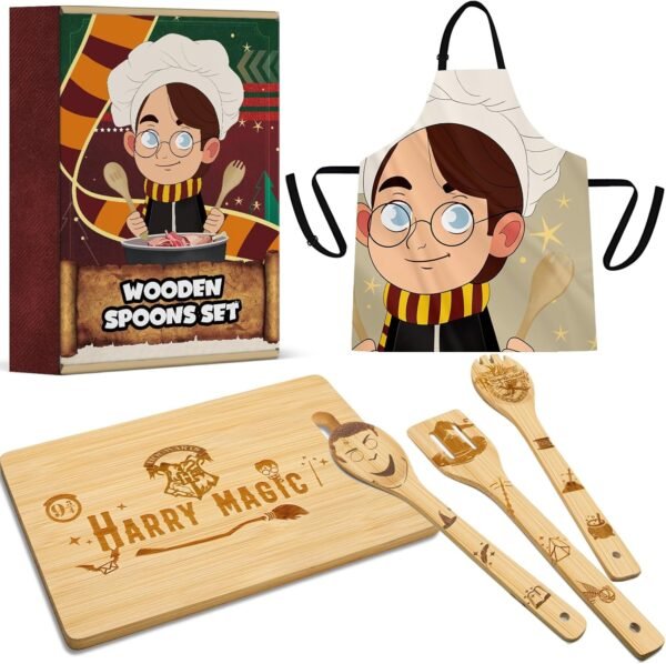 Harry Magic Kitchen Accessories, Unique Harry Gifts for Women Adult, Bamboo Cutting Board Set with Spoons and Apron Bamboo Cooking utensils, Christmas Gifts for Cooking Lovers