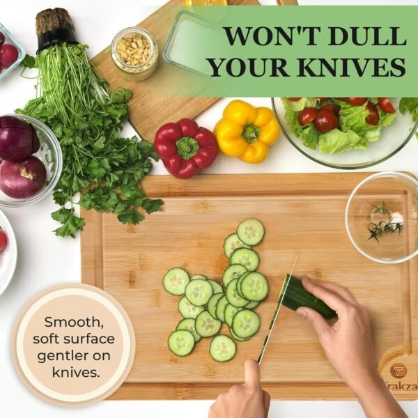 Bamboo Cutting Board Set - Durable Kitchen Cutting Boards For Chopping Fruit, Meat, Cheese, Veggies - Deep Juice Grooves, Side Handles, Easy To Use & Clean - With Storage Holder - 9", 12", 15" - Image 5