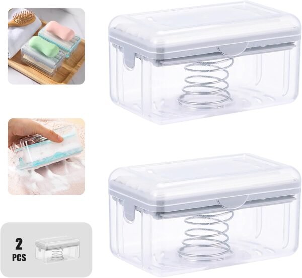 Multifunctional Soap Box,Foam Dispenser with Roller/Drain Holes,Spring Foaming Soap Bar Holder/Container/Dish/Case/Container,Family Countertop Handwashing Gadget for Bathroom/Kitchen/Shower/Bath(2pcs)