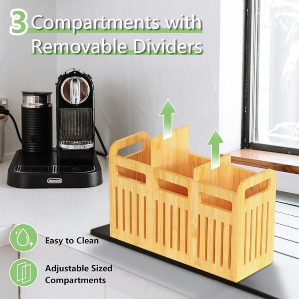 Large Bamboo Utensil Holder Set, Kitchen Utensil Organizer with Removable Divider, 3 Compartments Utensil Caddy for Kitchen Countertop (Bamboo) - Image 3