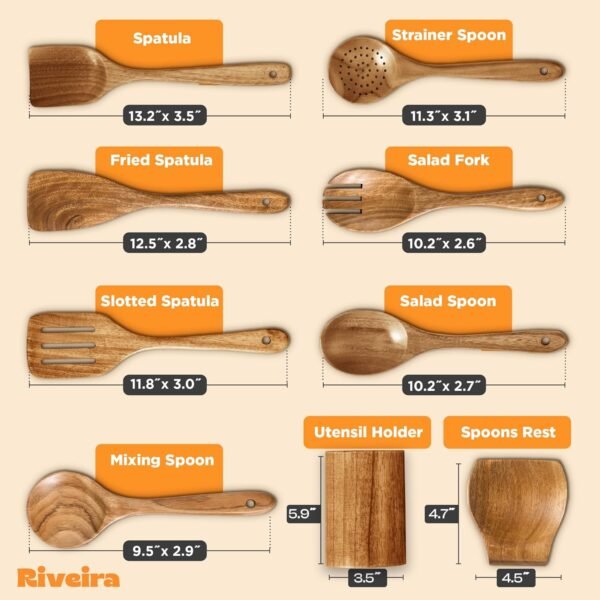 Riveira 9 Pieces Teak Wooden Spoons For Cooking – Premium & Durable Organic Teak Wooden Cooking Utensils – Non Stick Wooden Spatula For Cooking – Non Toxic Wooden Utensil Set With Holder & Spoon Rest - Image 5
