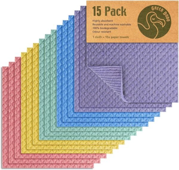 Swedish Dishcloths for Kitchen - 15 Pack - Eco Friendly Biodegradable & Sustainable Sponge Kitchen Cloth - Absorbent & Odour Free Dish Cloths for Kitchen - Paper Towel Alternative