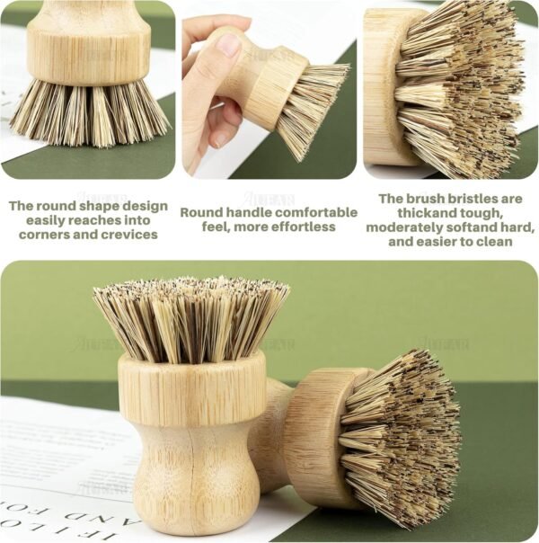 AUEAR, Natural Bamboo Dish Scrub Brush Cleaning Brush Pot Scrubber Brushes Coconut Bristles for Cast Iron Skillet Pots Pans (4 Pack) - Image 5
