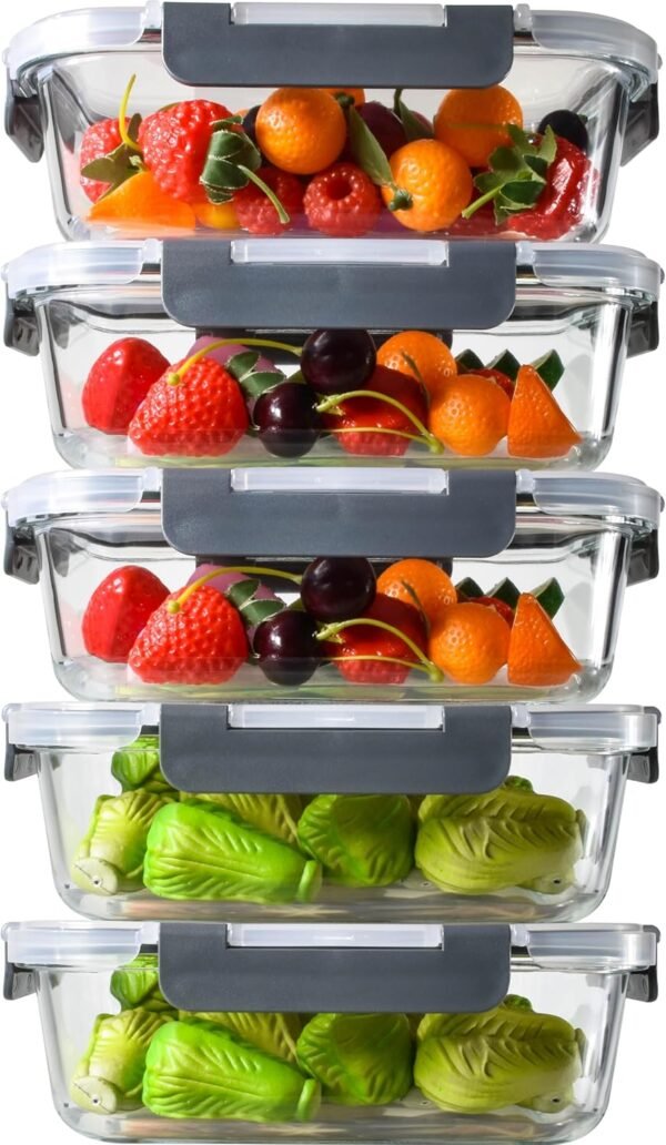 5 Pack 36OZ Kitchen Leak-Proof Glass Food Storage Containers - Thick & Durable Glass Meal Prep Containers - Airtight Easy to Clean Glass Storage Containers with Lids