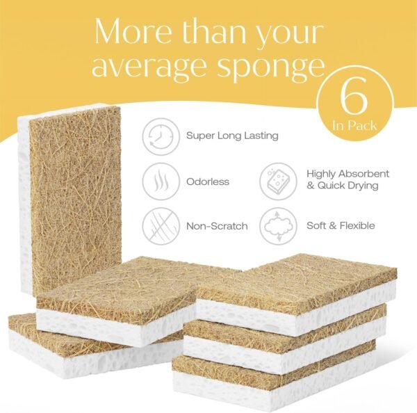 Coconut Fiber Kitchen Sponges - Pack of 6 Cellulose and Coconut Scrubber Sponges - Dish Cleaning Sponges | Plastic-Free | Planet-Friendly| Odor Free - Image 5