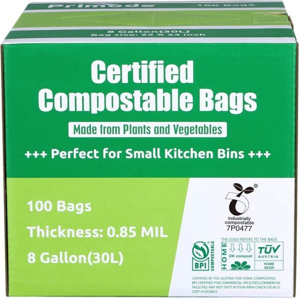 Primode Compostable Bags, 8 Gallon (30L) Food Scraps Yard Waste Bags, 100 Count, Extra Thick 0.85 Mil. ASTM D6400 Compost Bags Small Kitchen Trash Bags, Certified by BPI & TÜV AUSTRIA - Image 2