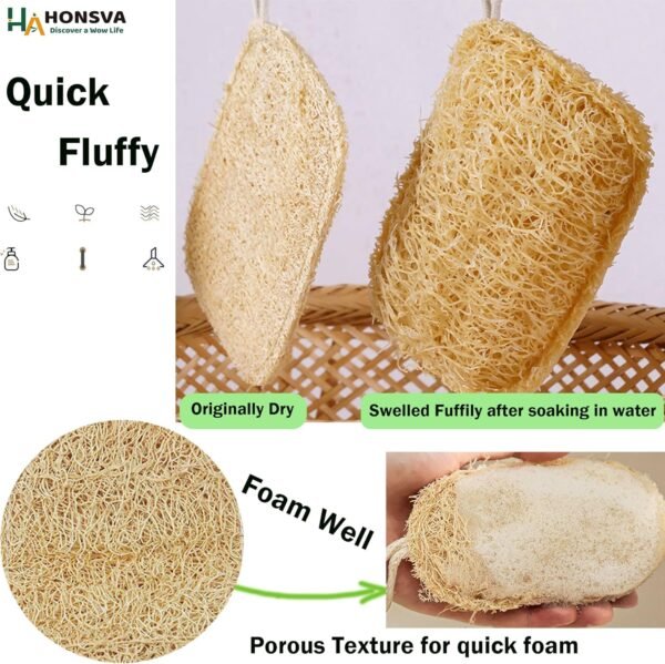 Natural Loofah Kitchen Sponge (3 Pcs) No Scratch Scrubber for Dishwashing, 100% Plant Fibers Vegetable Scrubber, Zero Waste and Eco Friendly Loofa, Square, Standard Size - Image 4