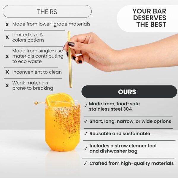 A Bar Above Short Cocktail Straws – Stainless Steel Straws – Metal Straws Reusable Set w/Straw Cleaner Brush & Dishwasher Bag – Reusable Straws for Drinking & Stirring (Set of 6) - Image 6