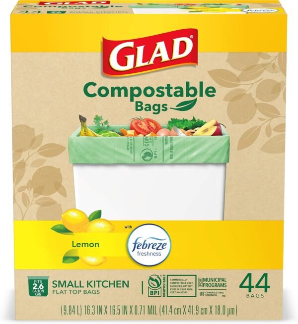 Glad Trash Bags, Kitchen Compost Bags 2.6 Gallon Garbage Bags, 100% Compostable Bag, Febreze Lemon, 44 Count (Package May Vary), Light Yellow - Image 20