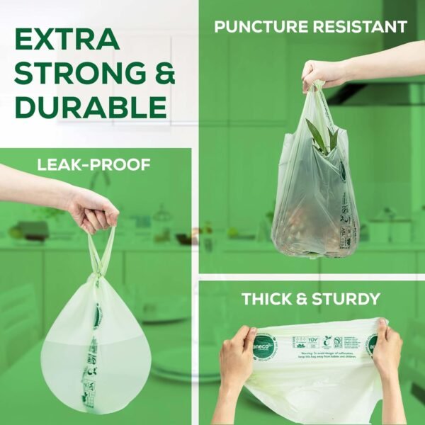 ANECO 100% Compostable Food Waste Bags 1.6 Gallon With Handles (30 Count), Small Compost Bags for Countertop Bin, OK Compost HOME & BPI Certified Compostable Kitchen Food Waste Bags - Image 4