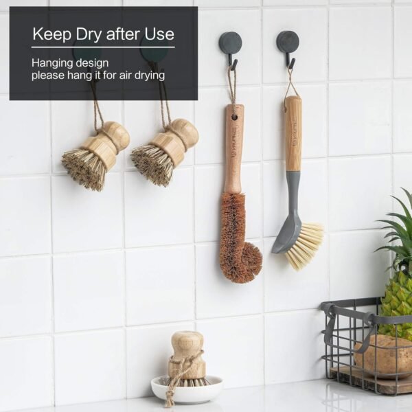 Natural Bamboo Dish Brush Bottle Scrub Brush 4-Piece Set, with Ceramic Soap Dispenser - Wooden Washing Up Brushes with Sturdy Handles for Cleaning Dishes, Pots, Pans, Gift Kit - Image 7