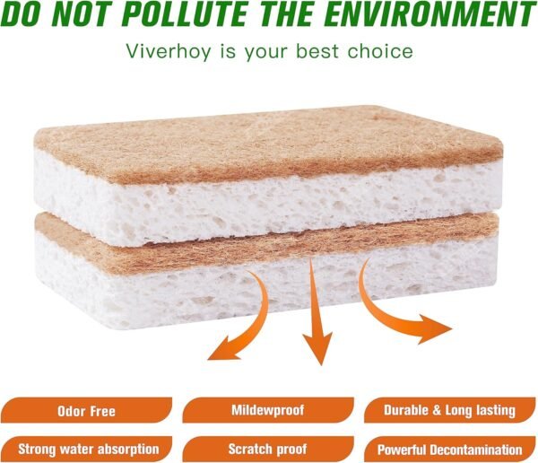 Natural Kitchen Sponge 12 Packs - Biodegradable Sponge - Eco-Friendly Sponge for Sustainable Living - Compostable Wood Cellulose and Coconut Washing Sponge. - Image 4