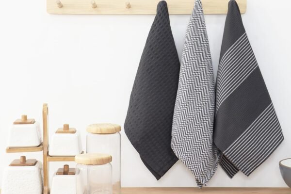 PurpleEssences Kitchen Towels Set Pack of 6-15x25 Inches, 100% Cotton Waffle Weave & Flat Dish Towels for Drying Dishes Hand Highly Absorbent Bar, Tea Towels Set with Hanging Loop - Dark Gray - Image 3