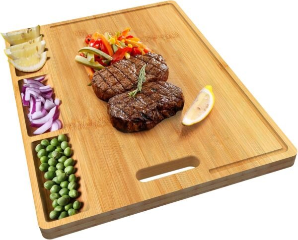 Cutting Boards,Large Bamboo Chopping Board, Built-In 3 Compartments And Juice Grooves, Charcuterie Board for Kitchen Counter Meat (Butcher Block) Cheese, Vegetables,Bread (17 x 12.6")