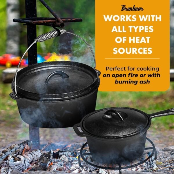 Bruntmor Camping Cooking Set Of 7. Pre Seasoned Cast Iron Pots And Pans Dutch Oven With Lids For Outdoor Comefire. Grill Cookware Skillet Sets With Storage Box - Image 7