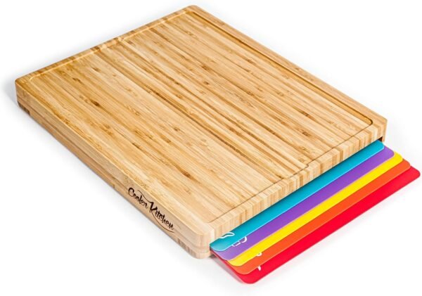 Bamboo Cutting Board Set - Easy-to-Clean Wood Cutting Board Set with 6 Color-Coded Flexible Plastic Cutting Boards with Food Icons - Wooden Cutting Boards For Kitchen - Wooden Chopping Board Set