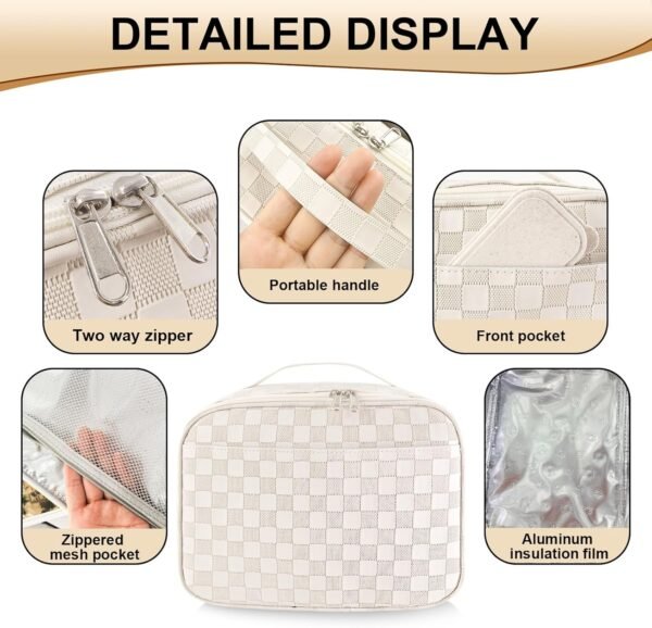 Mziart PU Leather Lunch Bag Lunch Box for Women Men, Reusable Lunch Tote Bags Meal Prep Containers Portable Leakproof Insulated Cooler Bag Food Handbags for Work Office Picnic Beach Travel (White) - Image 4