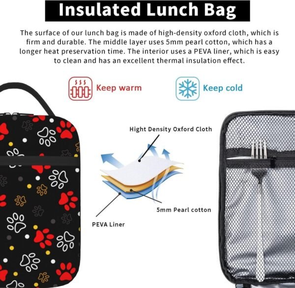 Cute Animal Dog Paw Print Insulated Lunch Bag Reusable Lunchbox Leakproof Portable Box for Women Men with Handle and Bottle Pocket for Work Picnic Camping - Image 3