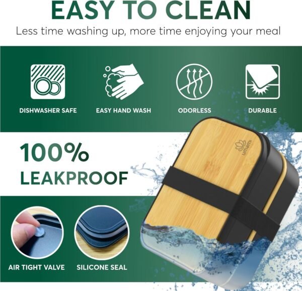 Umami Bento Box Adult All-In-1 XXL w/ 4 Utensils, 100% Leakproof, Microwave & Dishwasher Safe Lunch Containers for Adults, 4 Compartments, Bento Lunch Box Containers w/Premium Real Bamboo Lid - Image 4