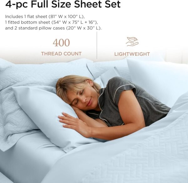 Threadmill Egyptian Cotton Full Size Sheet Set | 100% Certified Egyptian Cotton Sheets for Full Size Bed | Full Bed Sheets Set 16" Deep Pocket | Soft Sateen 4-Piece Cooling Bedding Set | Light Blue - Image 2