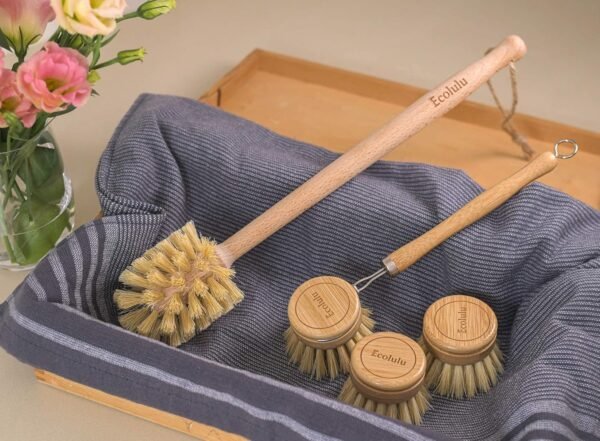 ECOLULU Natural Bamboo Dish Brush & Wood Bottle Brush for Wide Mouth Bottles, Cups and Jars, 2 Replacement Heads included (4 units total) Biodegradable, Eco Friendly Products - Image 8