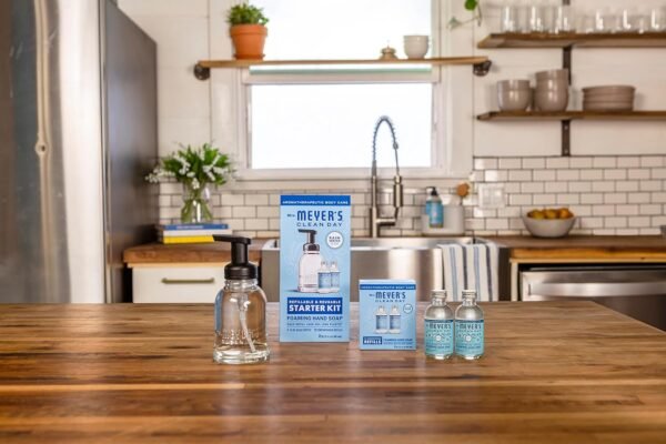 MRS. MEYER'S CLEAN DAY Foaming Hand Soap Dispenser & Concentrate Starter Kit,1 Glass Dispenser (10 Fl. Oz.) & 2 Concentrated Refills (2 Fl.Oz. each),Rain Water, Makes 20 Fl. Oz. of Foaming Soap Total - Image 6