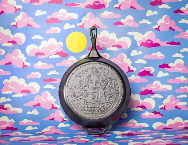 Lodge 13.25 Inch Dolly Parton Pre-Seasoned Cast Iron Stamped Skillet - Signature Teardrop Handle - Use in the Oven, on the Stove, on the Grill, or Over a Campfire - Clear Blue Morning - Image 3