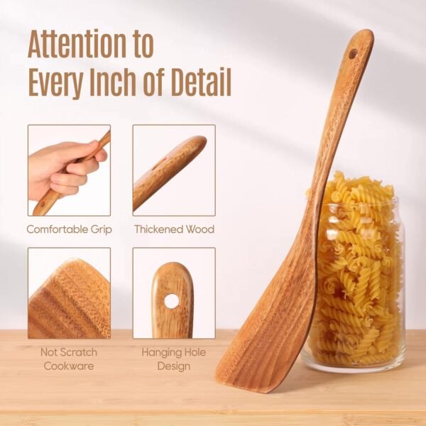 5 PCS Wooden Spoons for Cooking Natural Teak Kitchen Utensils Smooth Non-Stick Surface Cooking Utensils Set Soft Comfort-Grip Wooden Utensils for Cooking - Image 3