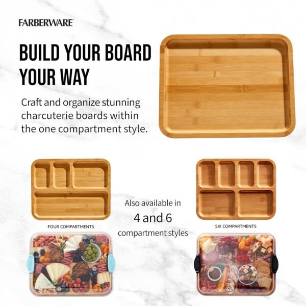 Farberware Build-A-Board Bamboo Cutting Board with Built-in Compartments and Clear Locking Lid with Navy Handles, Perfect for Charcuterie, Snacks, and More - Make it. Take it. Enjoy it, 11x14 Inches - Image 3