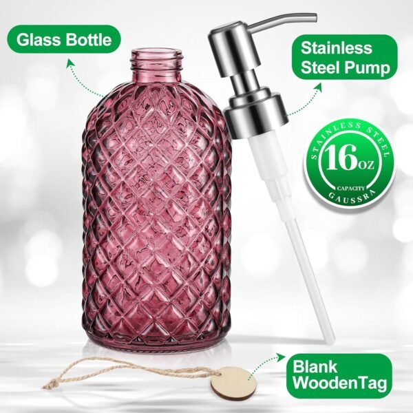 16 OZ Clear Soap Dispenser with 304 Rustproof Stainless Steel Pump Bathroom Kitchen,Soap Dispenser,Refillable Liquid Glass Soap Dispenser for Hand Soap, Dish Soap, Lotion(Purple) - Image 2