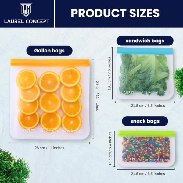 LAUREL Reusable Freezer Silicone Food Storage Bags -24 Pack+2 Gift, PEVA Silicone Bags for Food Storage, Reusable Plastic Free Ziplock Bags (8 Gallon Freezer Bags + 8 Sandwich Bags + 8 Snack Bags) - Image 2