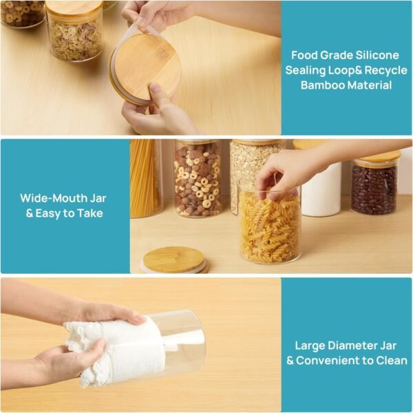 Vtopmart Glass Food Storage Jars, 7 Pack Food Containers with Airtight Bamboo Wooden Lids for Pasta, Cookies, Nuts, Coffee Beans, Cereal, Glass Canisters for Kitchen, Pantry Organization, BPA Free - Image 5