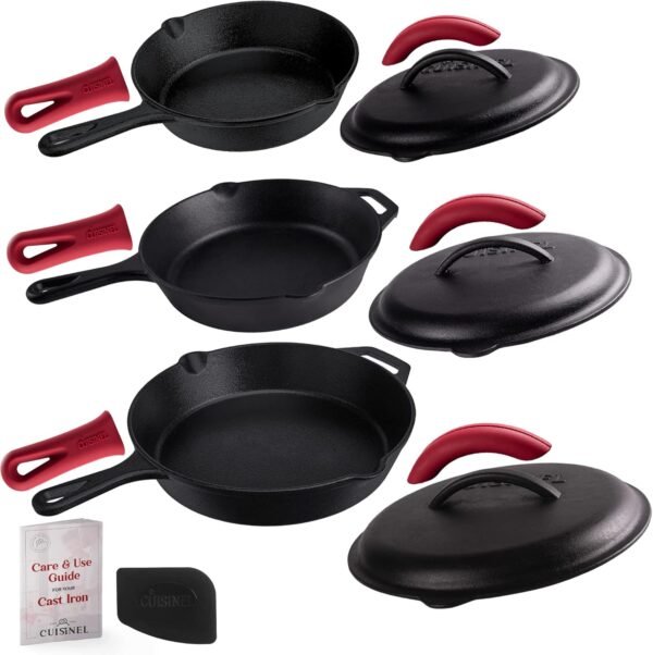 Cuisinel 12" + 10" + 8"-Inch Cast Iron Skillets Set with Braiser Lids + Silicone Handle Grips + Pan Scraper - Indoor/Outdoor Pre-Seasoned Kitchen Cookware - Oven, Fire, Stove Safe