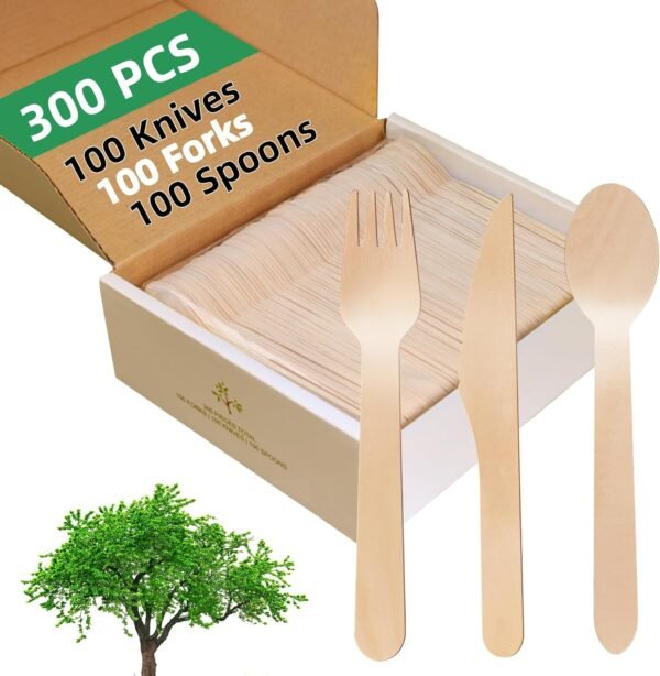 Wooden Cutlery Set - 300 Pieces (100 Wooden Spoons, 100 Forks, 100 Knives) - 100% Compostable Utensils Disposable Wooden Cutlery Spoons and Forks Set Eco Friendly Wooden Kitchen Utensil Set