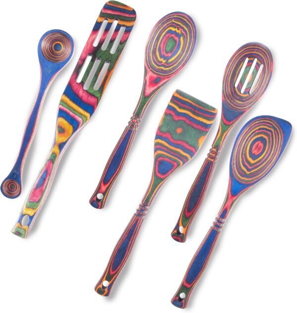 Exotic Pakkawood 6-Piece Kitchen Utensil Set with 12-in Spoon, 12-in Slotted Spoon, 12-in Spatula, 12-in Corner Spoon, 13-in Large Spurtle, Double Measuring Spoon - by Crate Collective (Rainbow)