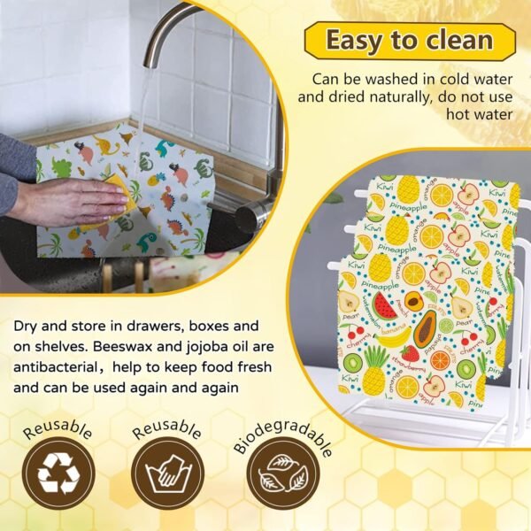 Reusable Beeswax Wrap, Beeswax Food Wraps, Eco-Friendly Bread Sandwich Wrapper, Organic, Sustainable, Biodegradable, Zero Waste, Includes 5S, 3M, 1L Size Wraps (Little flowers) - Image 3