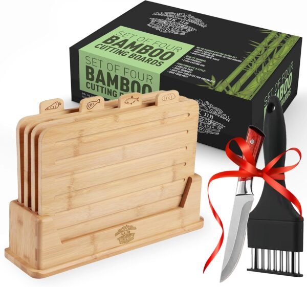 Premium Bamboo Cutting Board Set with Stand: Includes Bonus Meat Tenderizer and MultiKnife - Best Non-Toxic Cutting Boards, Best Kitchen Gift -I deal for Meat, Fish, Bread, Vegetables, and Fruits