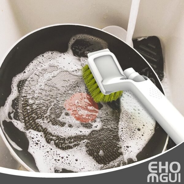 Soap Dispensing Dish Brush with Handle, EHOMGUI Brush Scrubber for Cleaning Dishes, Kitchen, Non-Scratch Kitchen Brush with 10 Natural Fiber Replacement Heads for Pot Pan-Green/White 2Pack - Image 3
