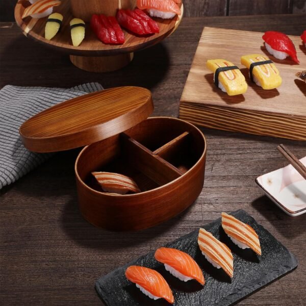 PRETYZOOM Wood Lunch Box, Japanese Bento Lunch Box with 3 Divider, Oval Shape Food Container Box for Sushi, Picnic, Lunch (800ml) - Image 9