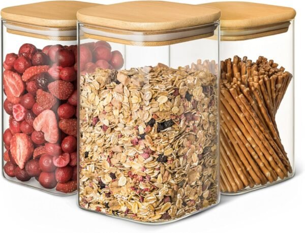Kitchen Storage Jars 34oz - Set of 3 Bamboo Lid Storage Containers - Square Glass Food Storage Jars - Airtight Glass Pantry Storage