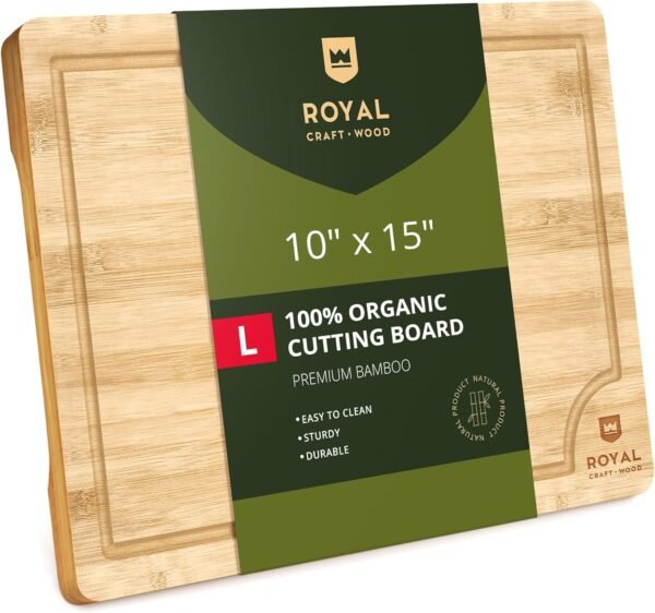 ROYAL CRAFT WOOD Bamboo Cutting Board with Juice Groove - Kitchen Chopping Board for Meat Cheese and Vegetables, Heavy Duty Serving Tray w/Handles (Large,10 x 15")
