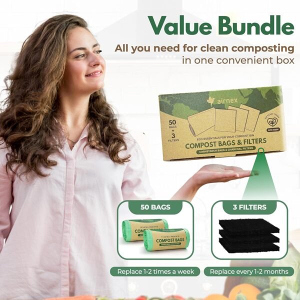 Compostable Trash Bags & Charcoal Filters for Compost Bucket Value Pack for Clean & Odorless Composting - 50 Pcs Compostable Trash Bags Small 1.6 Gal & 3 Pcs Compost Bin Filters Charcoal 3.5" - Image 2