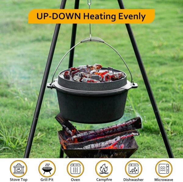 Velaze 10QT Camping Dutch Oven, Pre-Seasoned Cast Iron Camp Dutch Oven Pot with Lid, for Use in the Oven, on the Stove, Grill, or over the Campfire - Metal Handle, Lid Lifter, and Tripod - Image 4