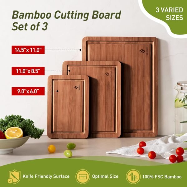 3 Packs Bamboo Cutting Board Set with Non Slip Feet and Over Sink Nice Solid Thick Wood Juice Groove Chopping Board Extra Large Big Small Best Hardwood Kitchen Counter Organic Vegetable Meat BBQ Kit - Image 3
