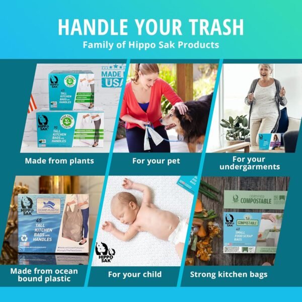 Hippo Sak - Tall Kitchen Garbage Bags with Ergonomic Handles - 13 Gallon Trash Bags Made from Recycled Ocean Bound Plastic - Super Strong and Leak Proof Tall Kitchen Trash Bags (45 Count) - Image 7