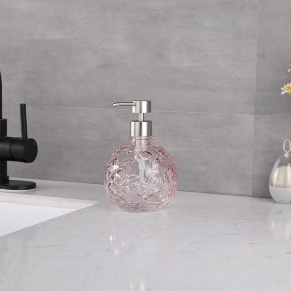 Clear Glass Lotion Pump, Refillable Soap Dispenser for Bathroom, Kitchen, and Countertop, Elegant Durable Design, Eco-Friendly with Metal Pump, Stylish Home Accessory, Pink Peach Floral - Image 4