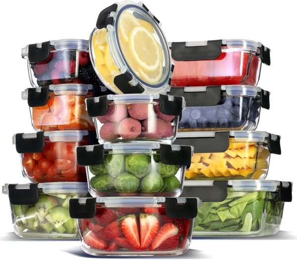 EATEX 12-Pack Glass Food Storage Containers with Lids, Airtight Glass Meal Prep Containers, Reusable Glass Food Containers with Leakproof Snap Lock Lids, Oven Microwave Freezer Safe Lunch Containers