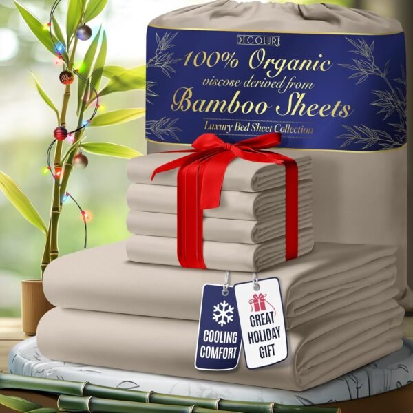 DECOLURE 100% Organic Viscose Derived from Bamboo Sheets King Size 6pcs - Ultra Soft & Luxuriously Cooling, 17" Deep Pocket, Double Stitching, Perfect for Hot Sleepers - King Bed Sheets (Taupe)